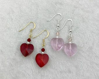 Crystal heart earrings, Valentine's earrings, Pink heart earrings, Red heart earrings
