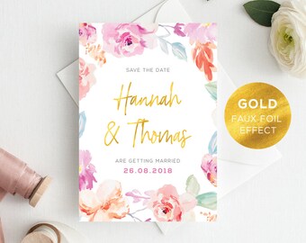 Printable Save The Date | Wedding Announcement | Watercolour | Floral | Gold Faux Foil | PDF | Download | Custom | Hannah suite #057