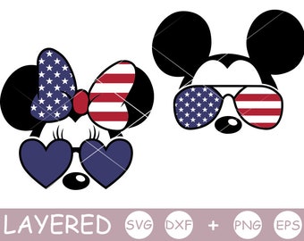 Mickey SVG, Minnie svg, Mouse, Sunglasses, USA Flag, layered SVG, Disney Shirt, Cricut Silhouette, cut file, Dxf, Png, July 4th, Vinyl Decal