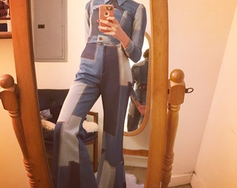 Sold in Store. Do not buy. Vintage 70s 2 piece coordinate patchwork denim knit flared pant suit