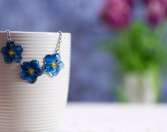 Handmade Forget-me-not necklace, translucent. Comes in a gift box.