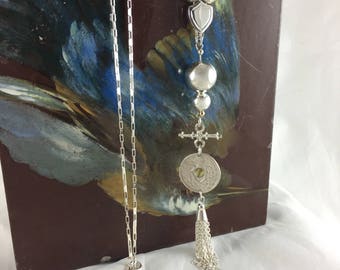 Sterling Silver Ball Necklace with Old French Coin and Tassel
