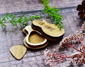 Custom Laser Engraved Wooden Guitar Pick with Holder Box, Personalized Guitar Pick Case Oak Wood Pick Guitar Plectrum Gifts for Him Musician