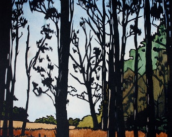 Hand Painted Linocut, Twelve Trees, Linoprint Trees Landscape, Australia