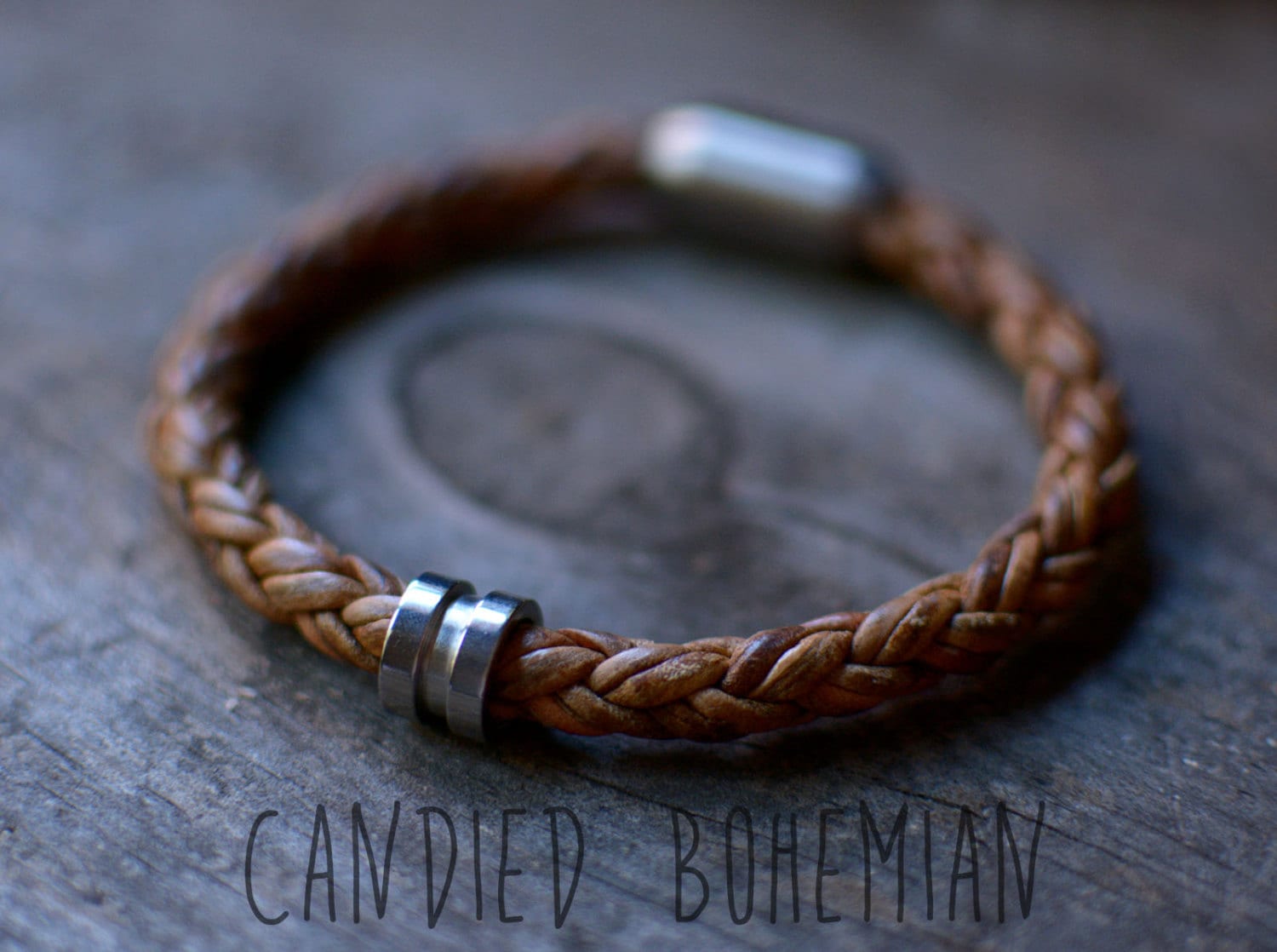 CATCH THE BULLET Mens Leather Bracelet Braided Leather