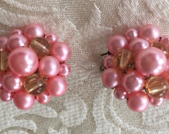 Vintage Pink Cluster Clip On Earrings 1950s