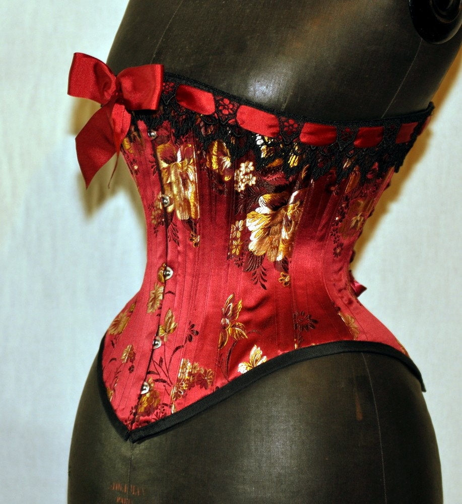 Handmade Brocade Red Silk Mid-Bust Corset Custom Made Just for
