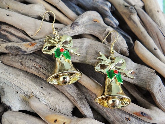 Christmas Xmas Jingle Bells Bell Bows Earrings Gold Tone Holly Leaves Berries Festive Spirit Enamel Enameled