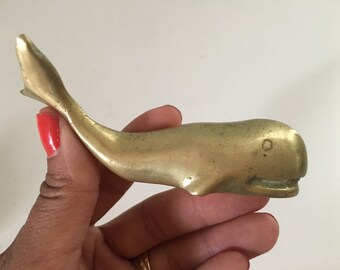 Small Solid Brass Smiling Whale Figurine/ Vintage Whale Tale Paperweight