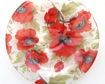 Poppy clear glass dish, handmade shallow glass bowl, tea light holder, spoon rest, candy serving dish,change dish, trinkets, treats,