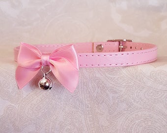 10mm Light Pink Faux Vegan Leather and Bow Choker Buckling Kittenplay Petplay Collar