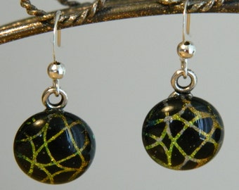 Dichroic Fused Glass Earrings, Golden Webs, DE23