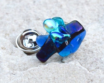Dichroic Glass Tie Tack Stud or Lapel Pin Brooch - Abstract Fused Layers in Shades of Blue - Gift Boxed