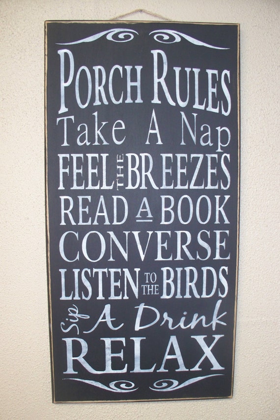 PORCH RULES - Wooden sign - hand painted - black chalk paint - large - subway art - typography - rustic -