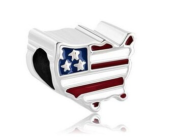 USA Bead, America Charm, Map Bead, Large Hole Bead, European Bead, Charm Bead, Charm Bracelet, European Charm, Big Hole, Red, Blue, White