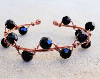 Copper Wire Wrapped Black Beaded Cuff Bracelet By Distinctly Daisy