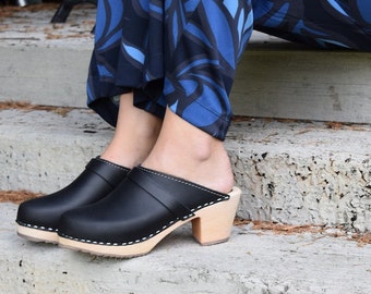 Swedish Clogs High Heel Classic Black Leather by Lotta from Stockholm / Wooden / Handmade / Scandinavian / Mules / Women's Shoes / Sweden