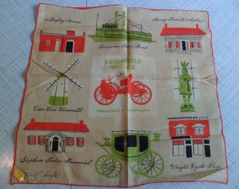 Vintage Tammis Keefe Handkerchief~ Greenfield Village Dearborn Michigan~Foil Label Kimball
