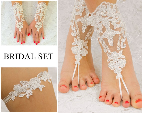 Bridal Set, Lace Gloves Fingerless, Beach Wedding Barefoot Sandals, Bridal Garter, MarrietDress 04