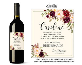 Will You Be My Bridesmaid Wine Label | Printable Floral Watercolor Bridal Party Proposal Wine Bottle Labels For Flower Girl, Maid Of Honor