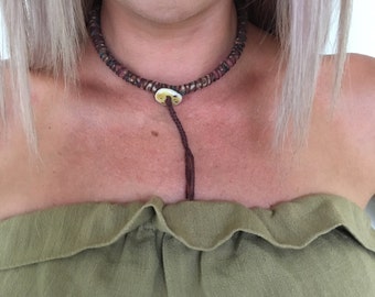 Boho wrapped cord textile choker necklace - brown batik