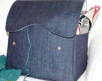 Black denim, Knitting Bag, Snag-Free, Zipper-less, Yarn Dispenser, Pro-knitter bag, handbag, yarn storage, crocheting tote, Knit on the go