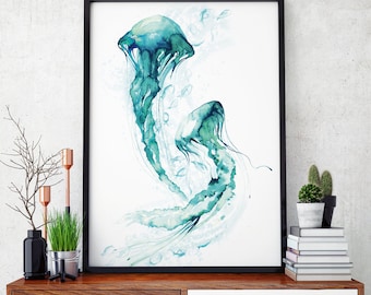 Jellyfish watercolour Painting wall art sea ocean nautical watercolor fish print quality jelly fish stocking filler A4 A3 A2 A1 CUSTOM SIZE