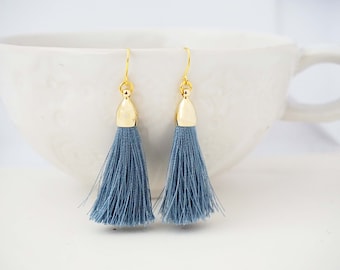 Dusty Blue Grey and Gold Tassel Earrings