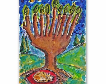 Hanukkah Art, A cat asleep under a Hanukkah tree, Jewish Art, Jewish Holiday Painting, Original Watercolor, Hannukah Gift, Original Painting