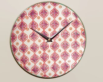 8 Inch Retro Patterned Wall Clock in Dusty Lilac Red Orange and Mint Green, Ceramic Plate Clock, Kitchen Wall Decor, Unique Wall Clock 2322