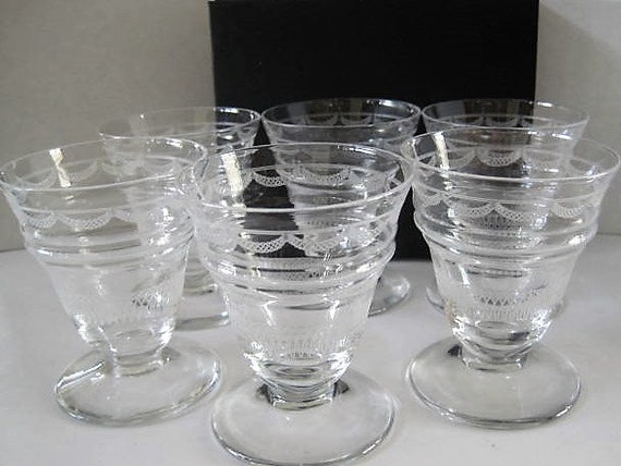 Cordial Etched Glasses, Set of 6, Wine Cocktails, Collectible Barware, Modernist Design