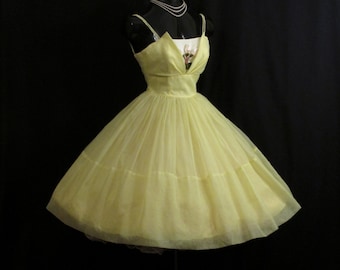 Vintage 1950's 50s Cupcake Lemon Yellow Chiffon Organza Floral Applique Party Prom Wedding Dress