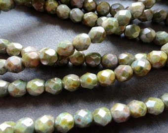 6mm Fire Polished Beads - Grey Green Bronze Picasso - Faceted Rounds - Czech Glass Beads