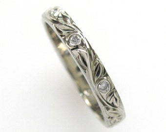 Diamond Hand Engraved Wedding or Anniversary Band with Vine and Leaf Hand Engraving
