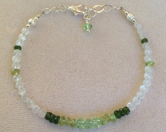 Moonstone, Prasiolite, Chrome diopside, peridot bracelet with .925 silver Last One