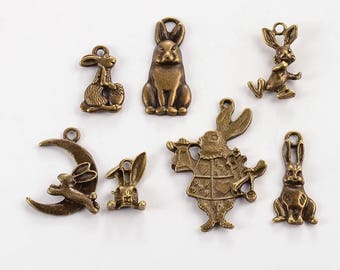 Set of 7 charms themed bronze "Rabbits" (BR048)