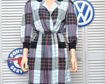 Vintage Womens 80s Dress Shirt Dress Black Gray White Plaid Lumberjack Pink Blue Yellow Shoulder Pads Joan Sparks Medium Elizabeth Barrett
