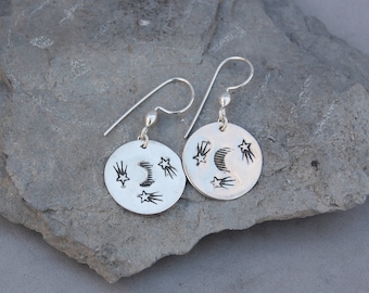 Crescent Moon Shooting Stars Sterling Silver Dangle Earrings 3/4"