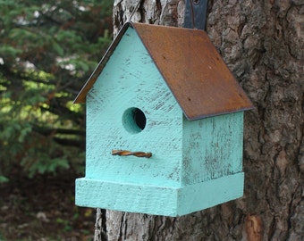 Birdhouse, Bird House, Rustic Birdhouse, Cottage Birdhouse, Functional Birdhouse, Garden Decor, Aqua
