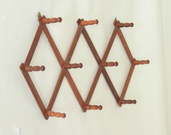 Vintage Accordion Peg Rack, wooden coat rack, hat rack, adjustable wood rack, umbrella wall rack, coffee cup rack, wall storage