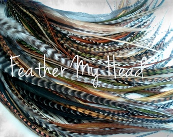 Feather Hair Extensions - Do It Yourself (DIY) Kit - 16 Pc Thin Feathers - Medium Long 7" -9" (18-23cm) Browns Greens Golds - Wild Thing