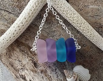 Made in Hawaii, Pink purple blue cobalt sea glass necklace ,Beach glass necklace, Sterling silver chain,gift box, Beach jewelry gift.