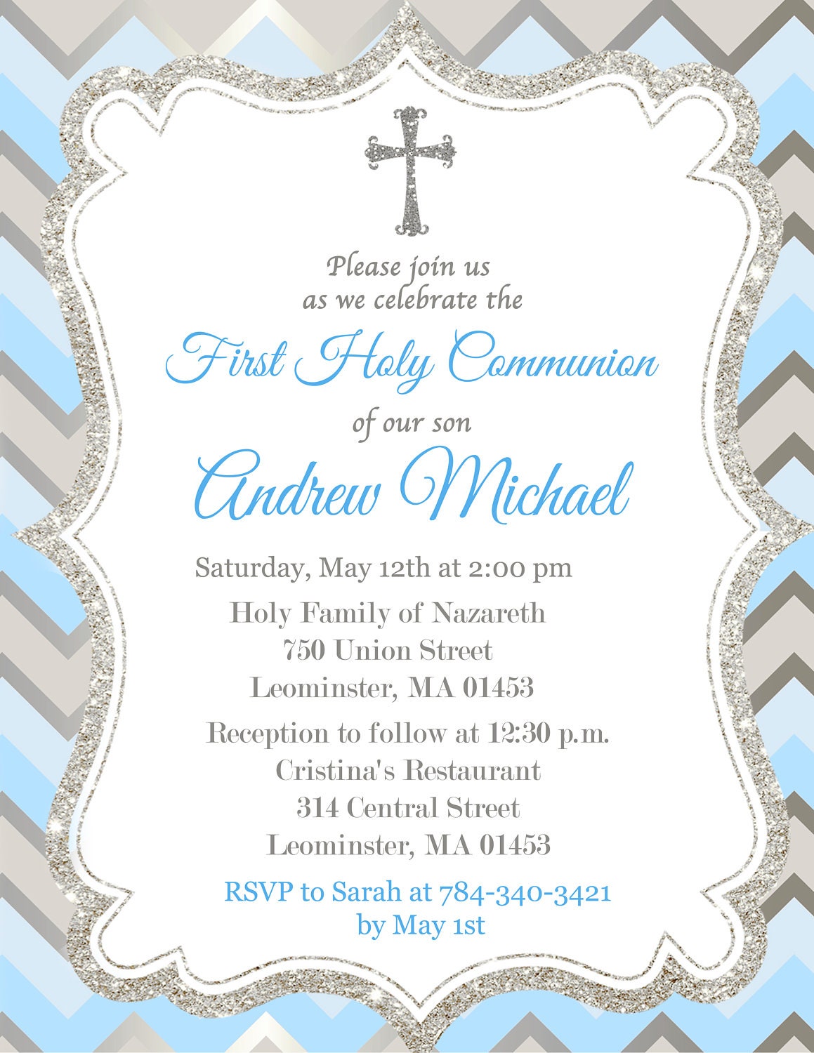 First Communion Invitation Boy Silver Blue Printable or