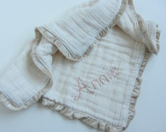 Muslin Velvet Heavenly Lovey Six Layers with Personalized Hand Embroidered Name ~ Baby Lovey ~ Organic Available ~ Gauze Lovey Blanket