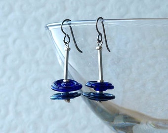 glass disk earrings, glass disc earrings, blue glass disc earrings, MINIMALIST, hypoallergenic titanium earwires