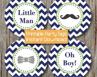 Little Man Baby Shower Cupcake Toppers Mustache Bash Printable Bow Tie Oh Boy! Favor Tags INSTANT DOWNLOAD Navy Blue Lime Green Chevron 134