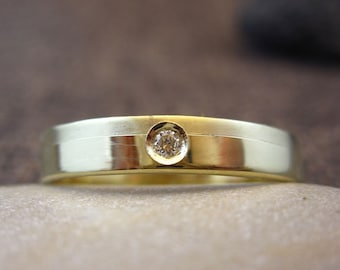Solid 14K Gold & Diamond Flat Wedding Band | Handmade Solid 14K Gold and Diamond 3mm Wide Flat Wedding Ring