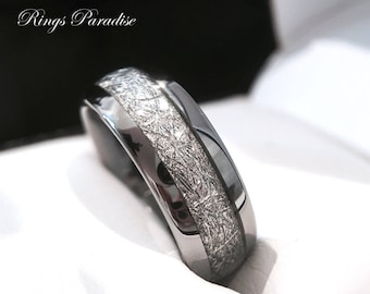 Tungsten Wedding Band, His and Her Promise Ring, Imitated Meteorite Inlay Ring, Tungsten Rings, Men's Tungsten Rings, Women's Wedding Bands