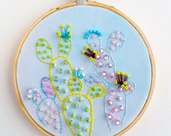 Blue Prickly Pear beaded embroidery hoop wall art