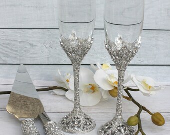 Swarovski Crystal Wedding toast Set, Champagne Glasses, Weeding Toasting flutes, Cake server Set, Cake Knife and Server Set